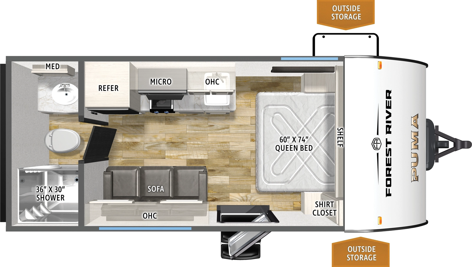 The Puma Camping Edition 16QBCE floorplan has one entry and zero slide outs. Exterior features include: metal exterior and 13' awning. Interiors features include: front bedroom and rear bathroom.